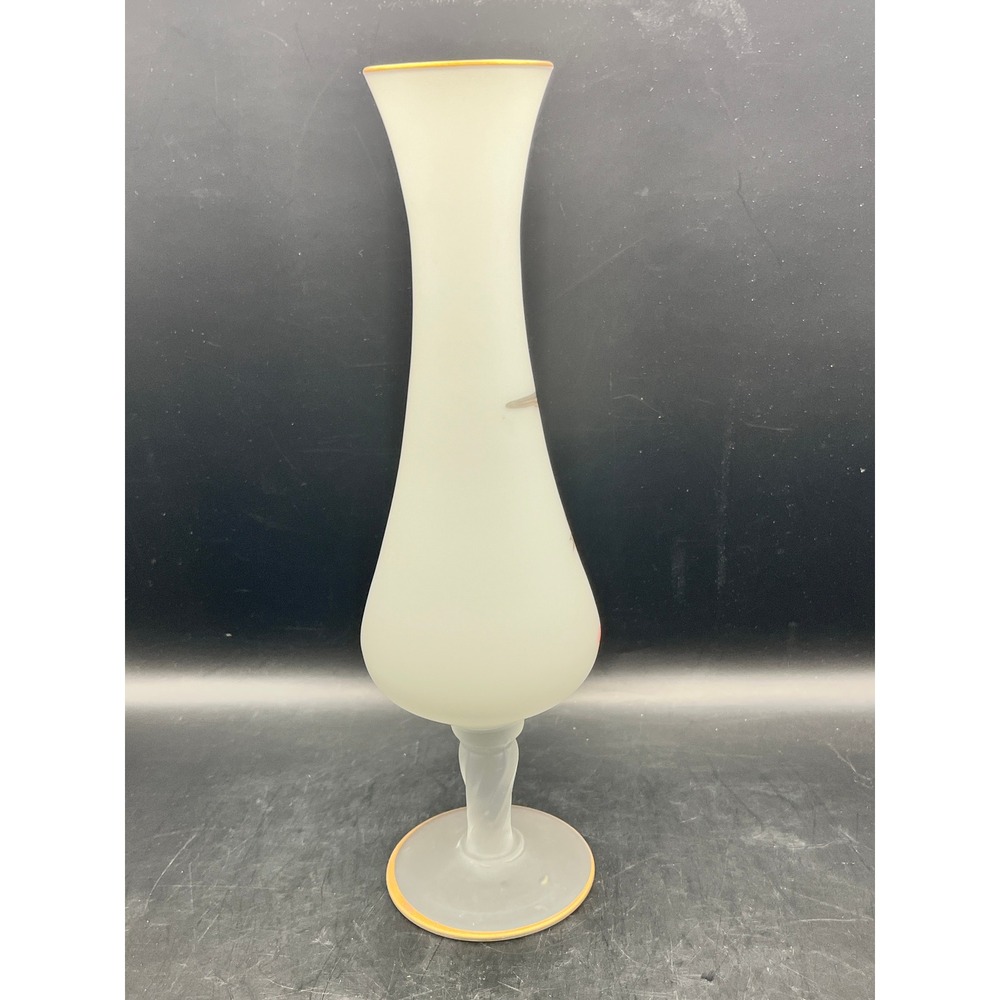 Vtg Norleans White Satin Frosted Glass Bud Vase Bird Gold Rim Pedestal 60s 10"‎ - Picture 3 of 7